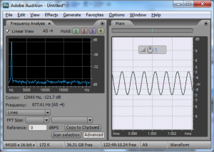 Figure 2.41 Frequency analysis view (left) and waveform view (right) in Adobe Audition, showing audio dat in the frequency domain and time domain, respectively